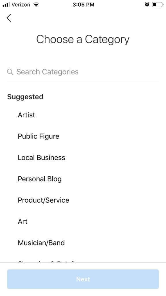How to Create a Business Account on Instagram - choose a category