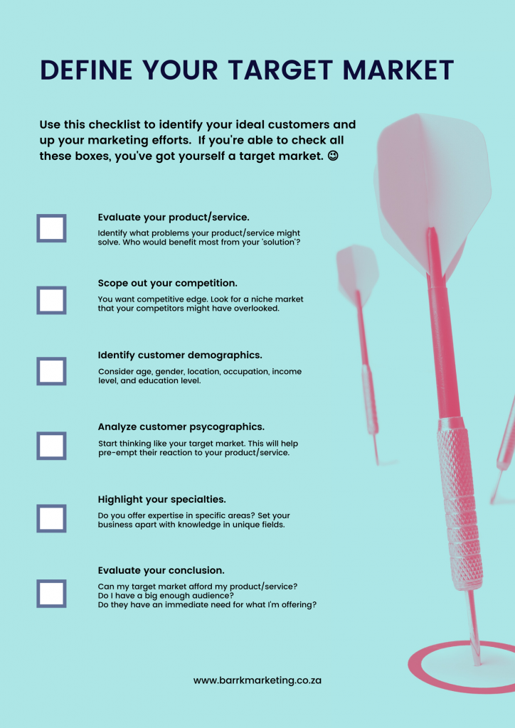 This checklist will help you figure out who your ideal niche target market is so you are not competing against big name businesses.